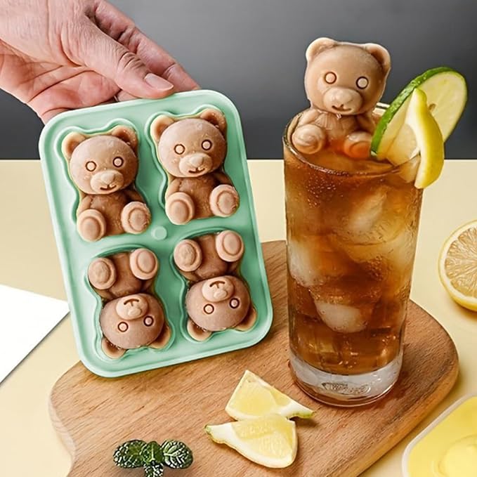 3D Bear Ice Cube Mold, Green Silicone Ice Cube Tray with Lid for Cocktail Whiskey, Large Ice Cube Trays for Freezer, Food Grade Reusable Ice Cube Molds, Cute Candies Chocolate Bear Silicone Molds