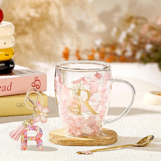 Personalized Gifts for Women Flower Glass Coffee Mug Initial Tea Cup Monogrammed Customized Bridesmaid Bride Wedding Gifts Graduation Gifts Valentine Mother's Day Birthday Christmas Gift (R)