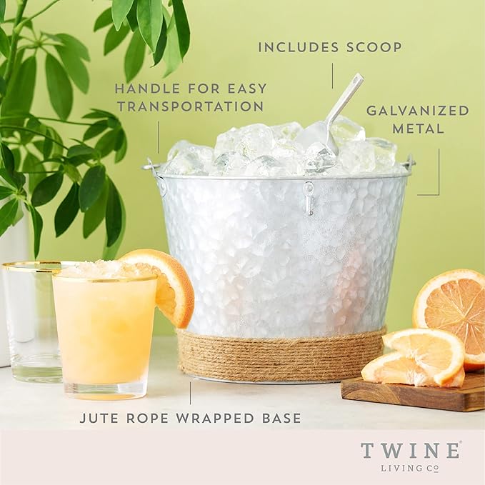 Twine Farmhouse Ice Bucket with Scoop - Beverage Tub Wrapped with Rope for Parties - Galvanized Metal Bucket Cooler & Drink Tub Holds 1 Gallon