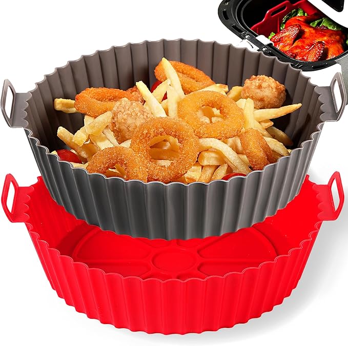 Silicone Liners, Pot 2 Pcs Reusable Non-Stick Air Fryer Basket Bowl Fit 3-5QT Baking Replacement of Flammable Parchment Paper(Round, 6.5 Inch)