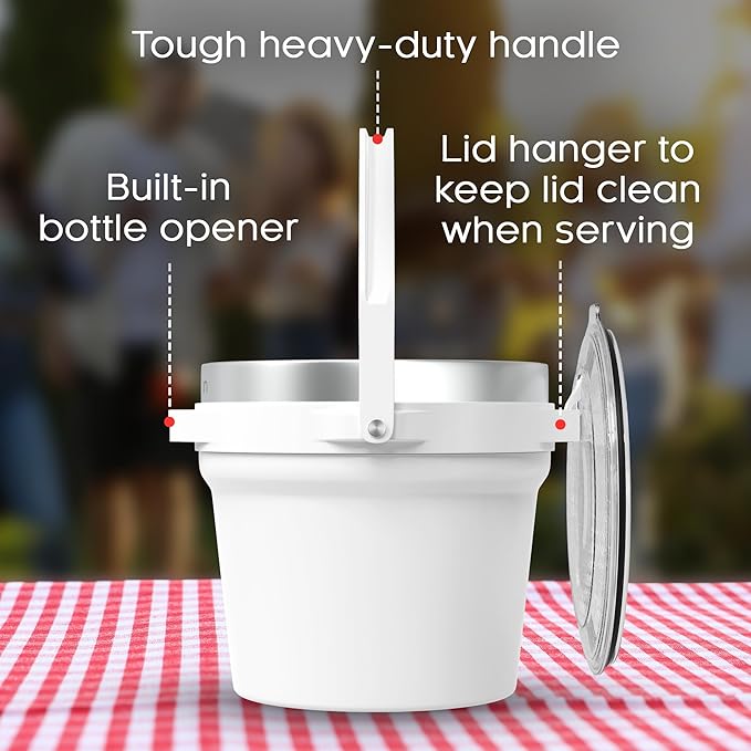 Barbarian Beverage Bucket, Double-Wall Vacuum Insulated Ice Bucket with Lid, Extra Large 7 Litre Capacity with Ice Scoop and Built-In Bottle Opener, White