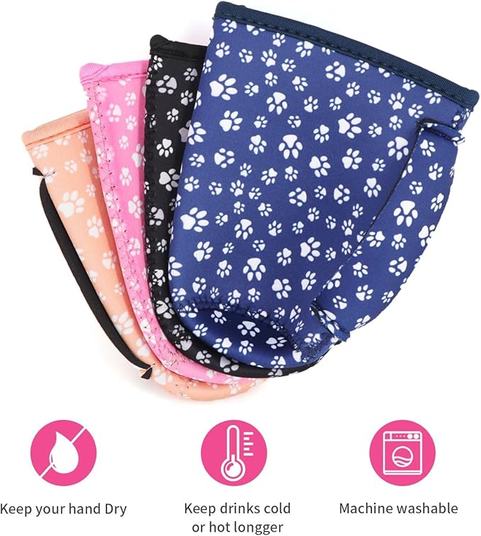 4Pack Reusable Iced Coffee Sleeve Insulator Sleeves for Cold Drinks Beverages, Neoprene Cup Holder for Most Coffee, Fits 22-24oz Medium Cups (Paw Print)
