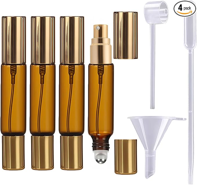 Double Ended Perfume Bottle With Roller Ball &Spray:4 PCS 10ml Amber Refillable Leakproof Travel Atomizer Facial Care with Funnel Tool for Perfume,Cologne,Essential Oils