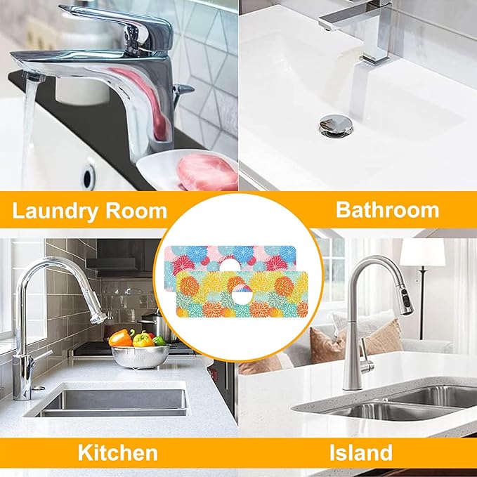 2 Pack Abstract Flowers Sink Splash Guard Faucet Mat Vintage Floral Super Absorbent Fast Drying Mat Sink Gadgets-Splash Guard Behind Faucet Drip Catcher for Kitchen Bathroom, 15.5"x5.5"