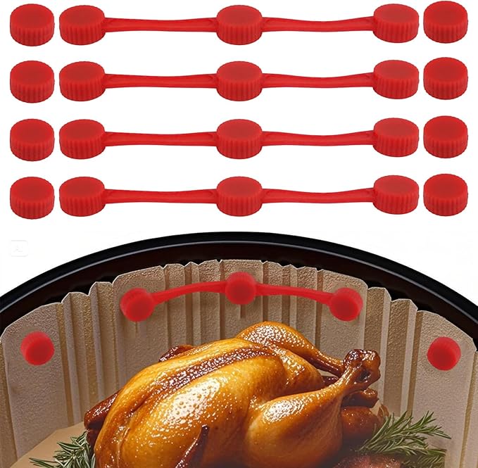 4 Sets Silicone Magnet Buckles for Air Fryer Parchment Paper, Secure Locking Disposable Liners Magnetic Clips Holder for All Iron Air Fryer Accessories, Heat-Resistant & Prevent Paper Burns (Red)