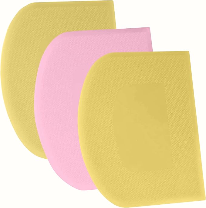SURDOCA Dough Scraper Bench Scraper - 3P 10.6x6.7" Plastic Flexible Bowl Scraper, Sharp Edge & Angles Cake Scraper. Non-Slip Bakeware Decorating Tools Sculpting & Modeling Tools - Yellow+Pink+Yellow