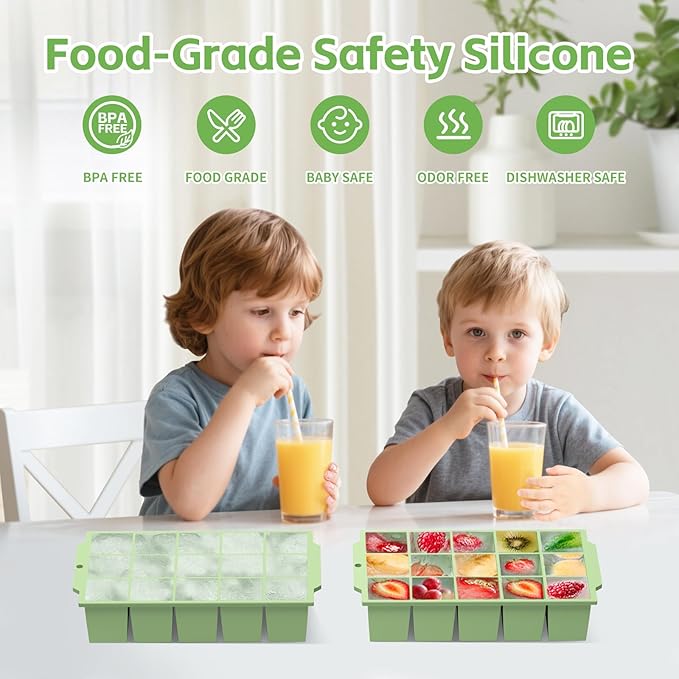 Silicone Ice Cube Tray with Locks Lids, Easy Release Flexible 15 Square Ice Trays for Freezer, Stackable & Reusable Ice Cube Mold for Whiskey, Cocktails, Baby Food, BPA Free, 2 Pack (Green)