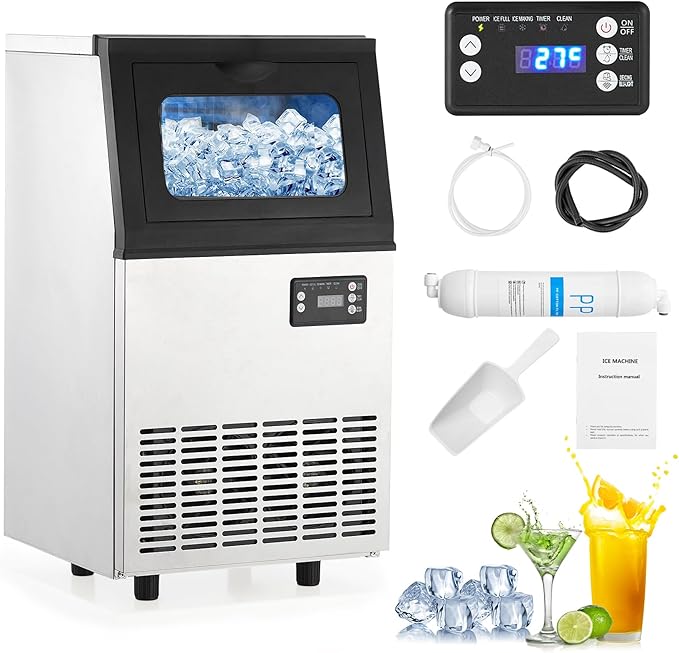 Commercial Ice Maker Machine, 110 LBS/24H with 18 LBS Bin Stainless Steel Automatic Operation Commercial Ice Machine for Home Bar, Include Water Filter, Scoop, Connection Hose