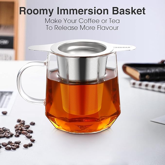 IPOW 2 Pack Extra Fine Mesh Coffee Filter with Coaster Lid and Double-sided Handle, Micron Mesh Tea Infuser for Loose Tea, Food-grade Stainless Steel