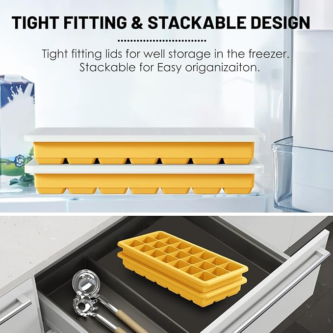Silicone Ice Cube Trays 3Packs, Easy Release Ice Cube Molds with Lid, Freezer Stackable Ice Maker for Whiskey, Baby Food, BPA Free (2, Yellow)