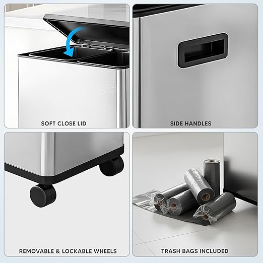HOLDN’ STORAGE 60L Dual Kitchen Trash & Recycling Bin, Motion Sensor Opening, Soft-Close Lid, Removable Inner Buckets, Stainless Steel, 2 Trash Bag Rolls Included