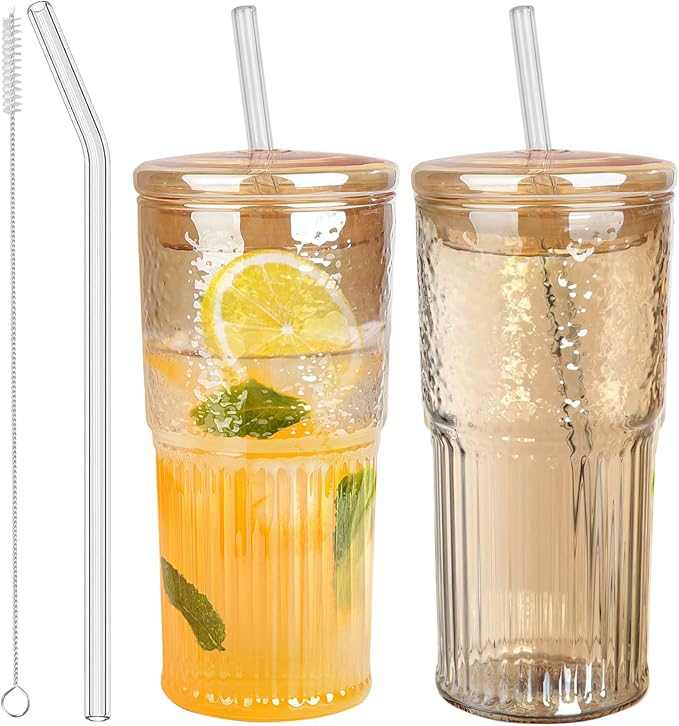 JunVpic Glass Cups with Lids and Straws, Amber 20 OZ Iced Water Glasses Tumblers for Ice Juice, Tea, Milk, Smoothie and Cold or Hot Drinks, Set of 2
