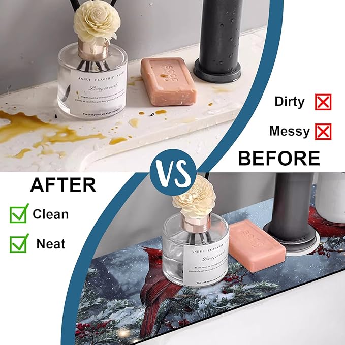 Christmas Winter Kitchen Sink Splash Guard Faucet Mat Cardinal Super Absorbent Fast Drying Mat Sink Splash Guard Behind Faucet for Kitchen Bathroom, 23.5"x5.5"
