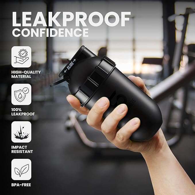 SHAKESPHERE Shaker Bottle - 24oz Leak-Proof Protein Shaker Bottle for Pre Workout, Smoothie and Powder Drink Mixes, No-Blade Mixer for Gym, BPA-Free, Easy Clean & Easy to Carry (Glossy Black)