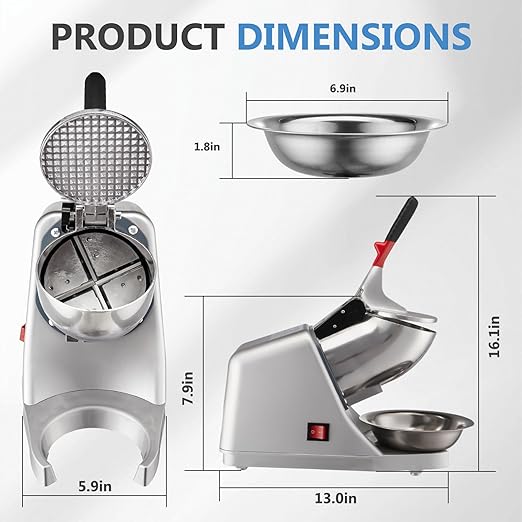 4 Blades Electric Ice Shaver 300W Snow Cone Maker Machine 143lbs/hr Shaved Ice Machine Stainless Steel Kitchen Electric Ice Crush with a Free Ice Pick and Ice Cube Tray