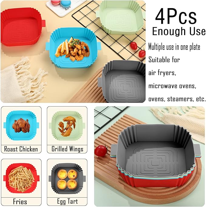 Air Fryer Silicone Liners,LYHOLKEER 4Pcs 7.6inch Reusable Square Silicone Air Fryer Liners for 3-6 QT,Food Safe Air Fryers Oven Accessories,Replacement Of Flammable Parchment Liner Paper