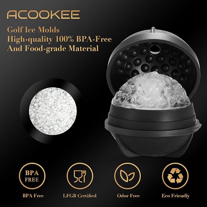ACOOKEE Golf Gifts Ball Ice Maker Mold set of 4, 2.5" Large Sphere Round Ice Cube Mold for Whiskey, Cocktails, Coffee, Soda, Fun Drinks, and Gifts,Leak-Free, Reusable, BPA-Free