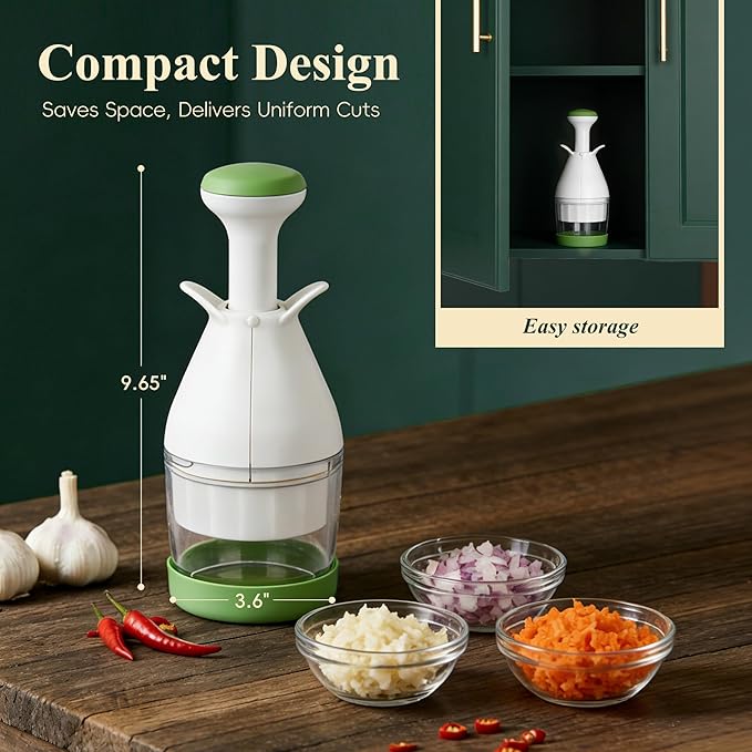 IVYROLL Vegetable Chopper, Manual Food Chopper for Onion, Garlic, Nuts and Veggies, Hand-Powered Vegetable Cutter, Dishwasher Safe, Stainless Steel Blades