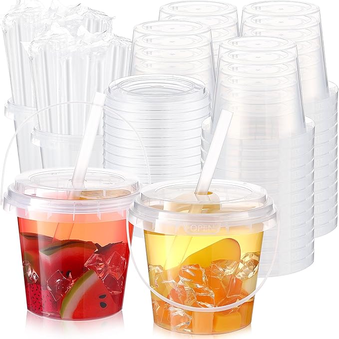 Funnymoom 100 Set 24oz Clear Plastic Drink Buckets with Lids and Straws Disposable Iced Coffee Cups Rum Buckets for Cocktail Parties Smoothie Cup Bulk with Handles for Beach Pool Party Supplies