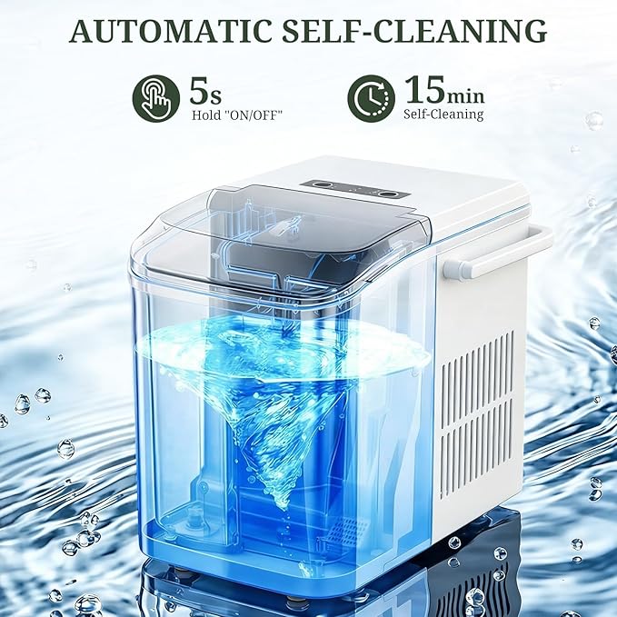 Ice Maker, Portable Ice Makers Countertop with Handle, Basket & Scoop, 26Lbs/24Hrs, 9 Bullet Ice Cubes in 6 Mins, 2 Ice Sizes, Self-Cleaning, Quiet Compact Ice Machine for Home Kitchen Party, White