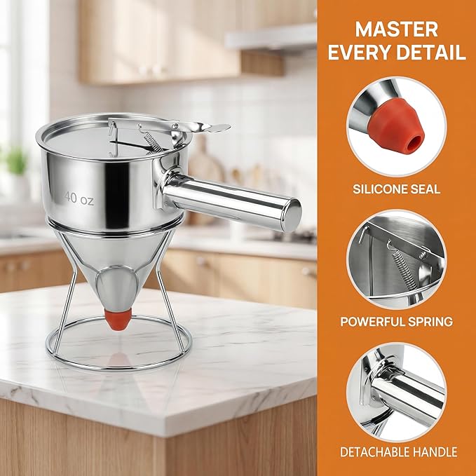 40oz 304 Stainless Steel Pancake Batter Dispenser With Dustproof Lid 4 Interchangeable Nozzles&Detachable Handle Perfect For Parent-Child Baking, Holiday Parties, Cupcakes Waffles。
