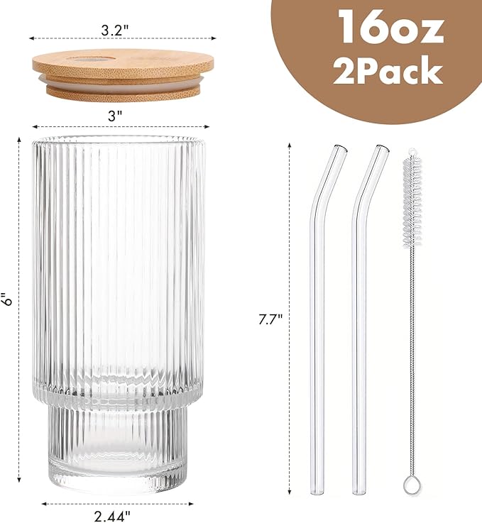 Glass Cups with Bamboo Lids and Straws - 16 oz Reusable Iced Coffee Cups, Vintage Ribbed Drinking Glasses, To Go Tumbler for Juice, Beer, Coffee, Milk, Cocktail, Water (2 Pack)