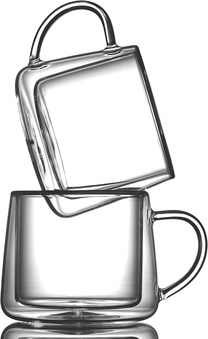 LEMONSODA Double Walled Glass Coffee Drink Mug with Handle - Set of 4 (250 mL / 8.5 fl. oz) Insulated Thermal Mugs Glasses For Tea, Coffee, Latte, Cappucino, Cafe, Milk - Housewarming Gifts