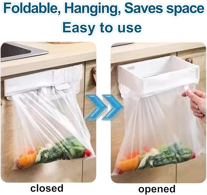 2Pcs Foldable Trash Bag Holder, No Drill Adhesive Hanging Rack for Kitchen Cabinets/Doors, Space-Saving Collapsible Plastic Waste Bag Hanger