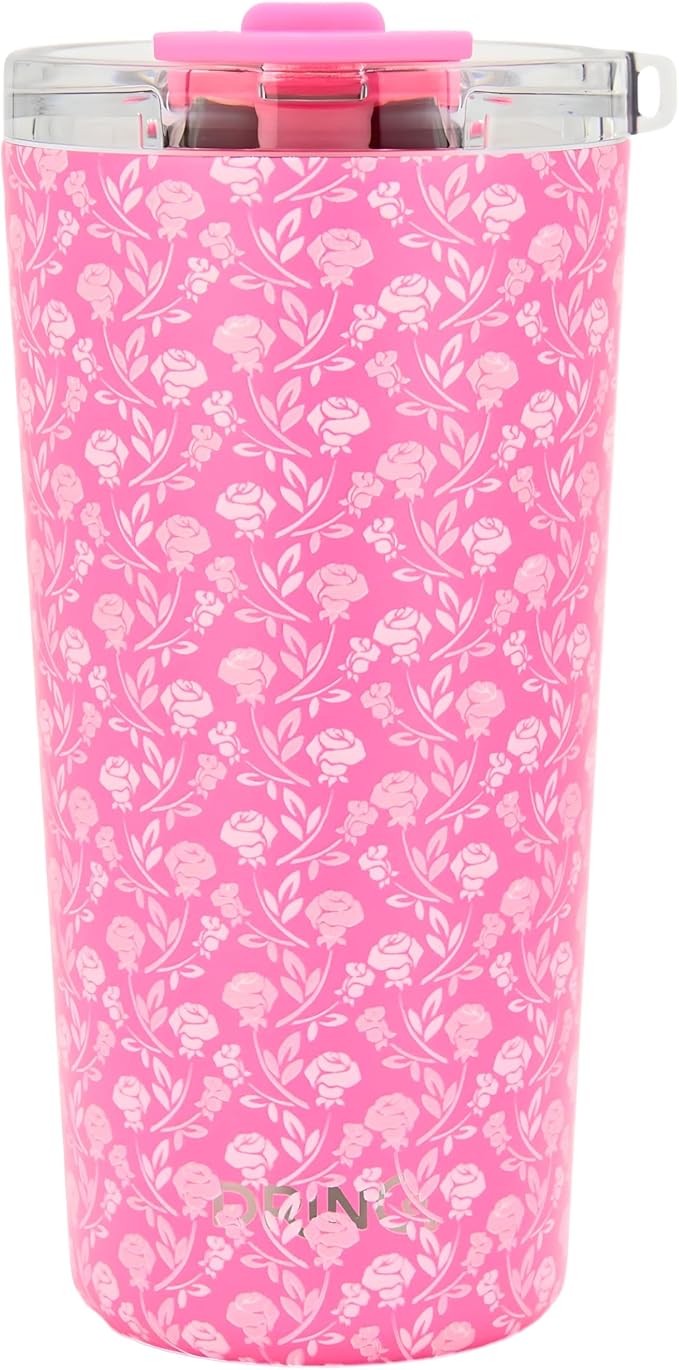 Drinco - 20 oz Stainless Steel Tumbler | Double Walled Vacuum Insulated Mug With Lid, 2 Straws, For Hot & Cold Drinks (20oz Pink Rose)