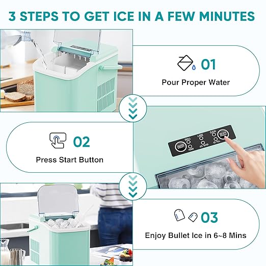 NEWBULIG Ice Makers Countertop with Handle, Portable Ice Machine, 9 Bullet Ice Cubes in 6 Mins, 26lbs in 24Hrs, Auto-Cleaning, with Basket and Scoop, for Home, Kitchen, RV, Camping,Green