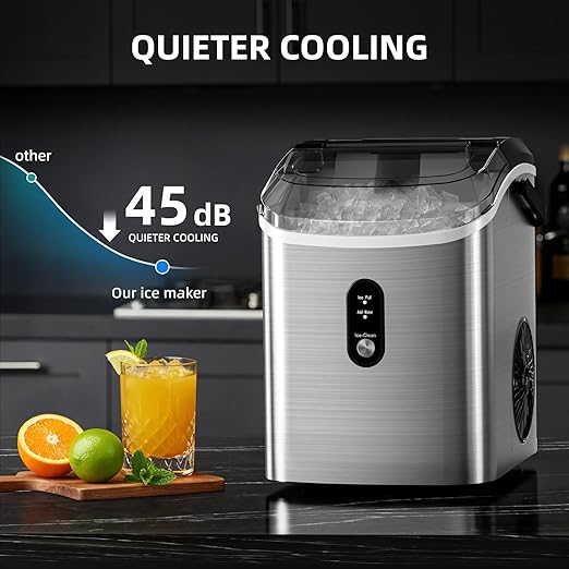 Antarctic Star Nugget Ice Maker Countertop, 35lbs/24H Ice Machine, Soft Chewable Sonic Ice, Self-Cleaning, Fast Ice Ready in 8 Minutes, Compact Design with Handle, Stainless Steel Silver