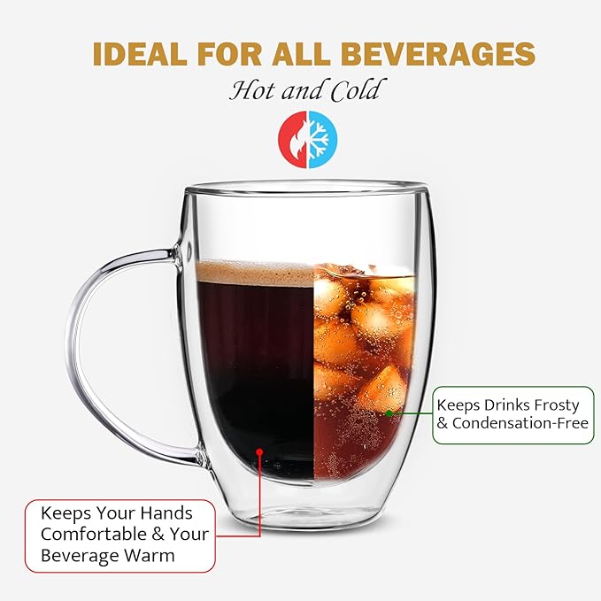 Double Wall Glass Coffee Mugs, 12 Oz Clear Coffee Mugs with Handle, Insulated Glass Coffee Mugs Set of 2, Perfect for Espresso, Cappuccino, Latte, Americano, Tea Bag, Beverage