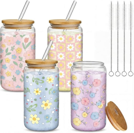 Mumufy 4 Pack Bridesmaid Gift Glass Cups, Cute Flower Mason Jars with Bamboo Lids & Straws, 16oz Iced Coffee Tumblers for Wedding, Bridal Party, Birthday, Mother's Day(Pastel Flower)