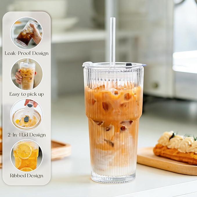 KEMORELA 2-Pack 20 oz Ribbed Glass Tumblers with Lids and Glass Straws – Vintage Iced Coffee Cups, Reusable Smoothie & Cocktail Drinking Glasses, Clear Glassware for Home or Cafe