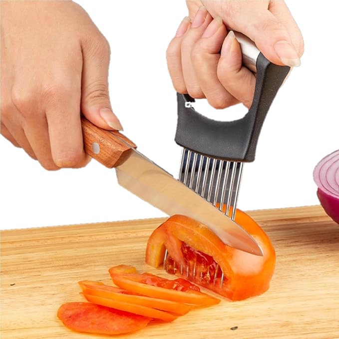 Onion Holder for Slicing, Stainless Steel Onion Slice Holder Lemon Slicer Vegetable Cutter, Multifunctional Chopper Assistant Kitchen Slicer Tool for Fruit, Meat, Tomato, Onion Slicing (3 Pack)