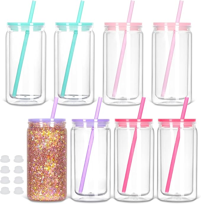 8 Pack Snow Globe Tumbler, 16 Oz Double Wall Plastic Can With Lid and Straw, Mason Jar Mug for DIY Glitter Gift (Mixed Colors)