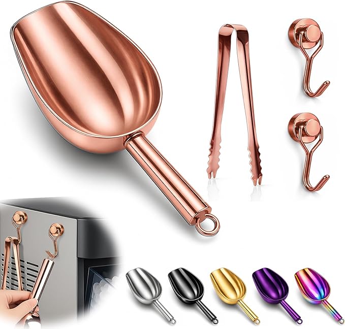 Stainless Steel Ice Scoop for Freezer with Magnetic Hook - Ice Scoop for GE Profile Opal 2.0 Nugget Ice Maker, for Kitchen Bar Party Accessories (6OZ- Rose Gold)