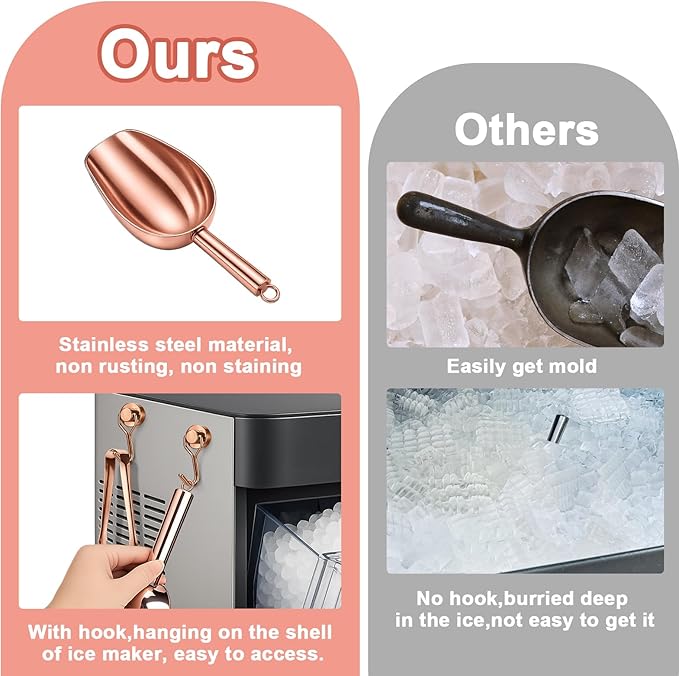 Stainless Steel Ice Scoop for Freezer with Magnetic Hook - Ice Scoop for GE Profile Opal 2.0 Nugget Ice Maker, for Kitchen Bar Party Accessories (6OZ- Rose Gold)