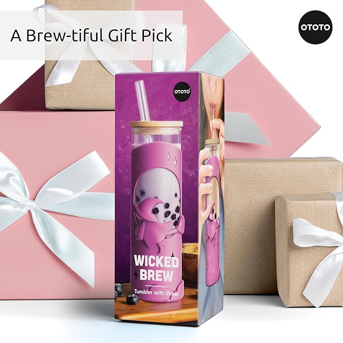 OTOTO Wicked Brew Glass Cups with Lids and Straws - Halloween, Goth Gifts, Spooky Gifts, Goth Accessories, Kitchen Gadgets, Iced Coffee Cups Tumbler with Bamboo Lids, Boba Cup, 16.9oz