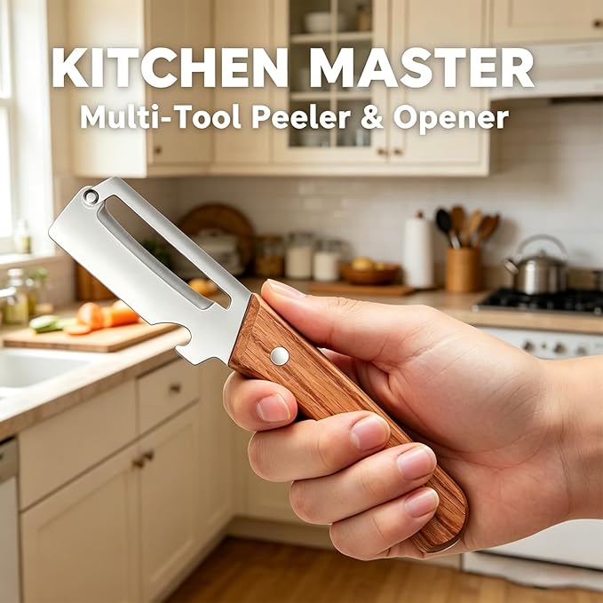 2-in-1 Multifunctional Vegetable Peeler with Wooden Handle & Stainless Steel Blade, Multifunctional Vegetable Peeler, Built-in Bottle Opener, Fruit & Vegetable Kitchen Peeling Tool (1Pcs)