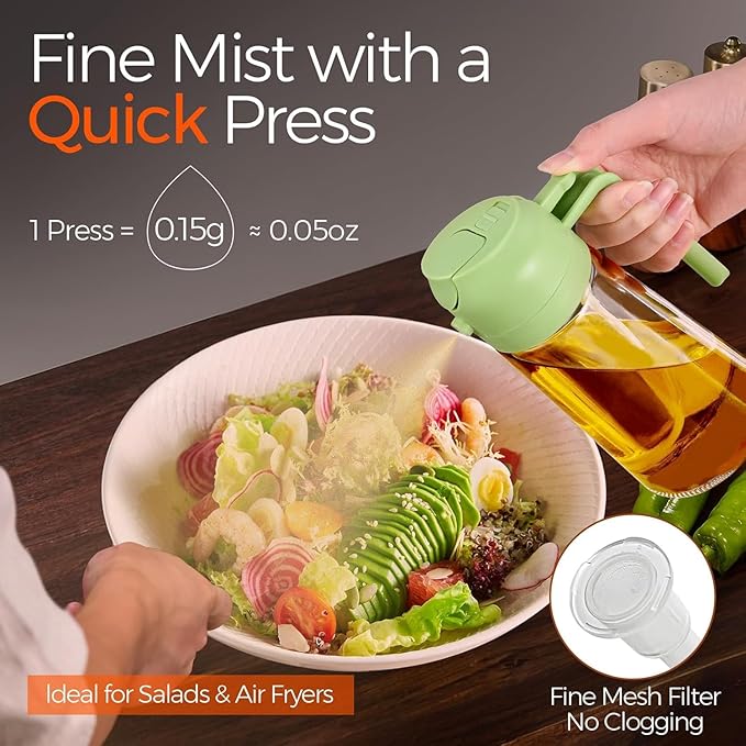 Glass Olive Oil Sprayer 16oz/470ml – 2 in 1 Oil Dispenser for Kitchen Appliances, Cooking Spray Bottle for Salad (Green), Frying, BBQ, Grilling | Premium Kitchen Gadgets & Accessories
