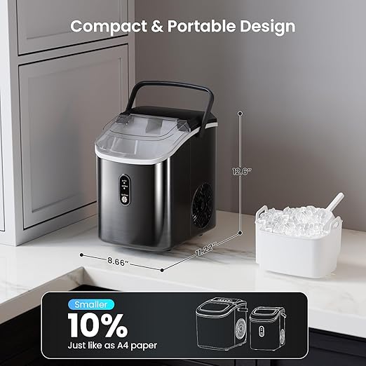 Antarctic Star Nugget Ice Maker Countertop,34Lbs/24H, One-Click Operation, Self-Cleaning, Ice Scoop&Ice Basket, Stainless Steel Pebble Ice Machine for Kitchen/Office/Bar (Steel Black)