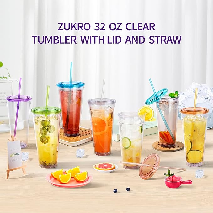 Zukro Clear Acrylic Tumbler with Straw and Lid 32 oz, Double Walled Insulated Reusable Plastic Iced Coffee Cup, To Go Cup Perfect for Parties, Birthdays, Fit in Cupholder, BPA Free, Clear, 2 Pack