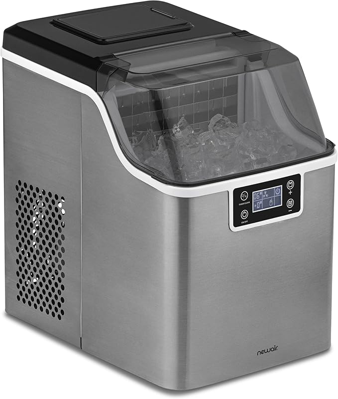 Newair Countertop Clear Ice Maker, 45lbs/Day Ice Cube Machine, Self-Cleaning Function and Custom Ice Thickness, Portable Ice Maker, 24H Timer, Ideal for Home Office and Outdoor Bar, Stainless Steel