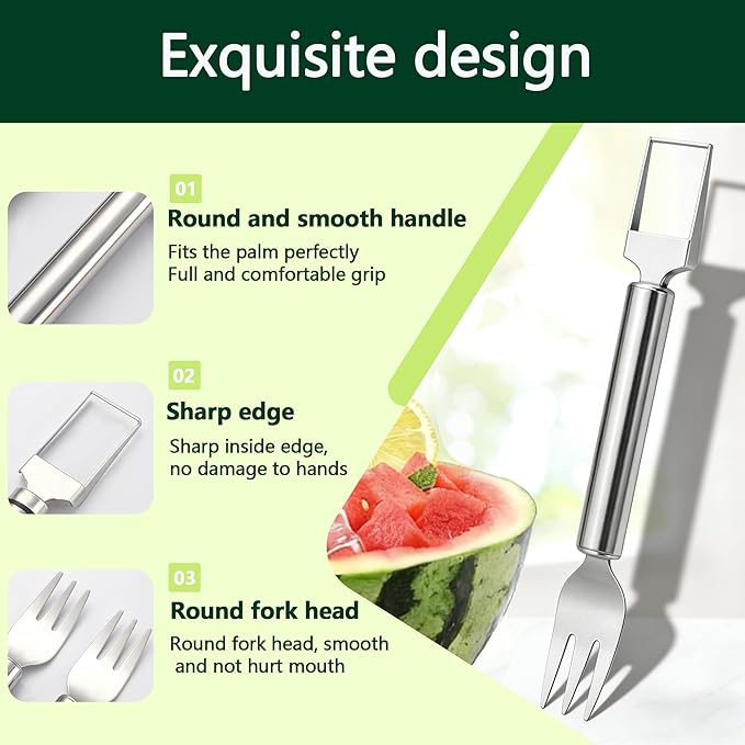 Watermelon Cutter, 2-in-1 Stainless Steel Fruit Cutter, Dual Head Watermelon Fork Slicer Tool, Summer Fruit Cutting Kitchen Gadget for Home (Round-1PCS)