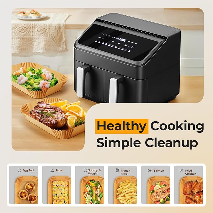 300PCS Air Fryer Liners Disposable for Ninja Dual Basket, Grease Proof Parchment Paper for Ninja DZ201 | DZ401 | Chefman | COSORI 2-Basket Air Fryer, Non-Stick AirFryer Liners by Vailnd