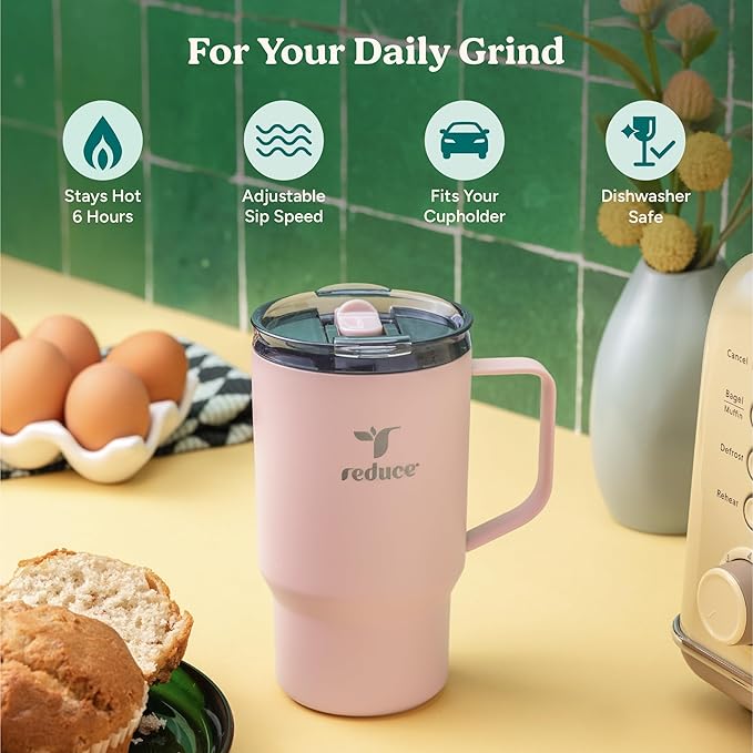 Reduce Hot1 18 oz Hot1 Stainless Steel Insulated Mug with Temperature Adjusting Lid - Dual-Wall Vacuum, Cupholder Friendly - Keeps Drinks Hot for 6 Hours - Ideal for Coffee, Tea & Other - Mineral Blue