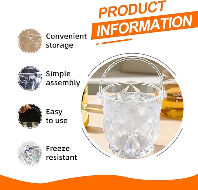 Crystal Ice Bucket with Handle & Tongs-1.1 L Plastic Clear Champagne Ice Buckets for Parties, Beer, Wine, Drinks, Cocktails,-Soda, Mimosa Bar Supplies (Style-D, 37 oz (1.1 L))