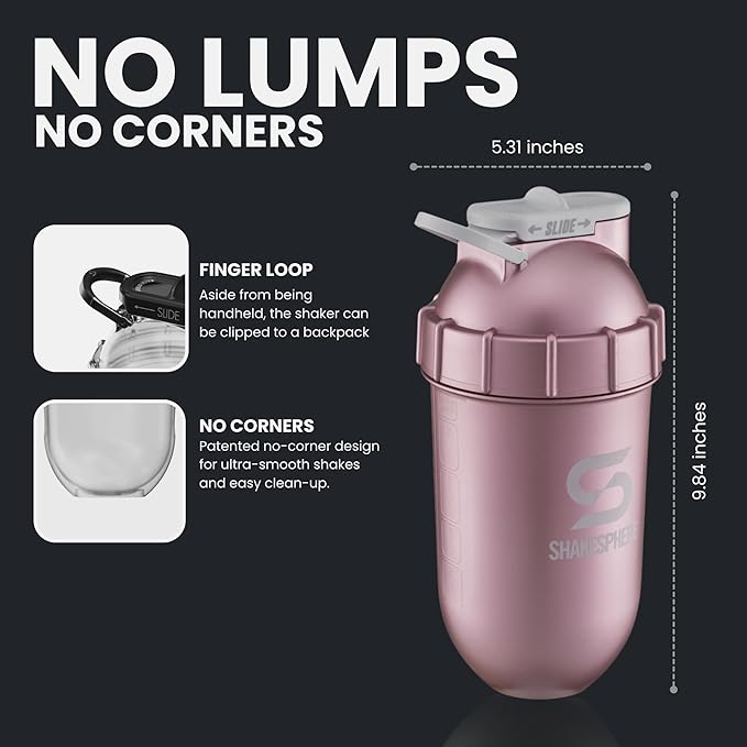 SHAKESPHERE Shaker Bottle - 24oz Leak Proof Protein Shaker Bottle for Pre Workout, Smoothie, and Powder Drink Mixes, No-Blade Mixer for Gym, BPA-Free, Easy Clean & Easy to Carry (Rose Gold)