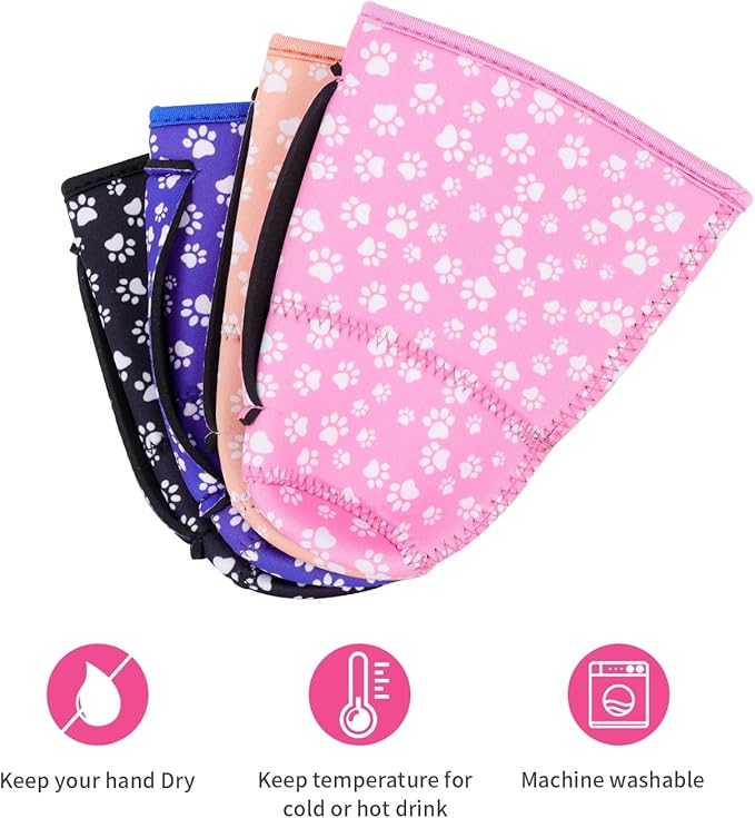 4Pack Reusable Iced Coffee Sleeve Insulator Sleeves for Cold Drinks Beverages, Neoprene Cup Holder With Handle for Most Coffee, Fits 30-32 Oz Large Cups, Paw with handle